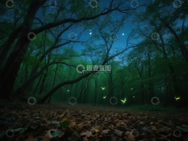 高清大图下载【趣麦麦图】夜幕森林，萤火虫闪烁