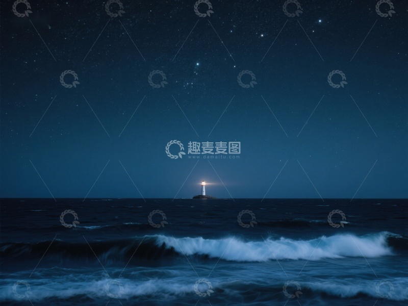 高清大图下载【趣麦麦图】夜空下的灯塔与海浪