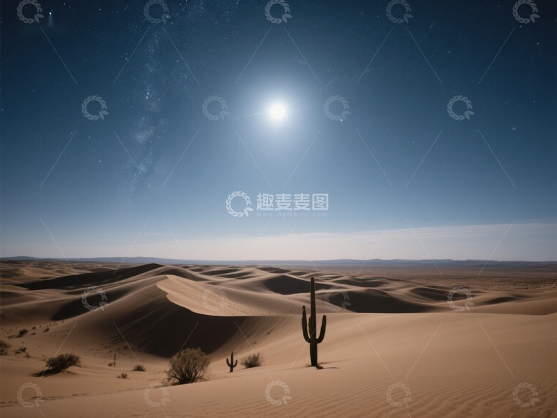 高清大图下载【趣麦麦图】月光下的沙漠与仙人掌