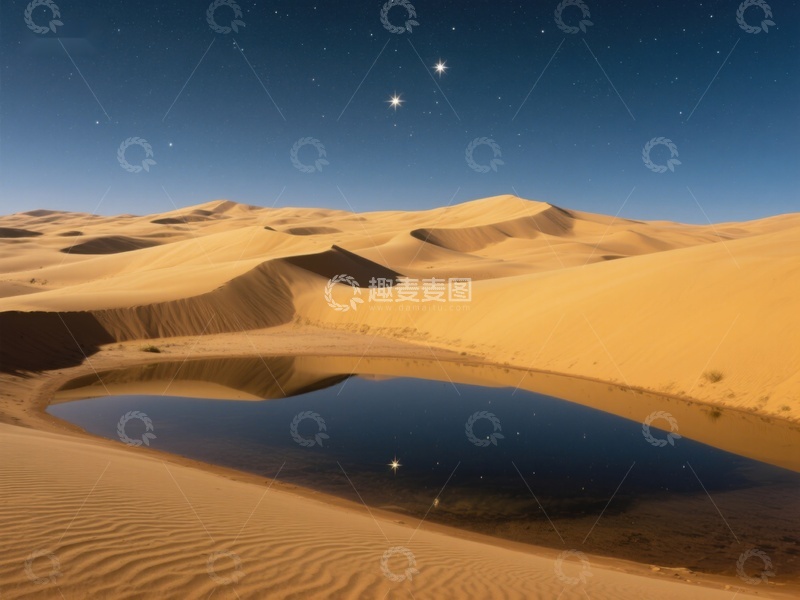 高清大图下载【趣麦麦图】沙漠夜景：沙丘与星空下的静谧池塘