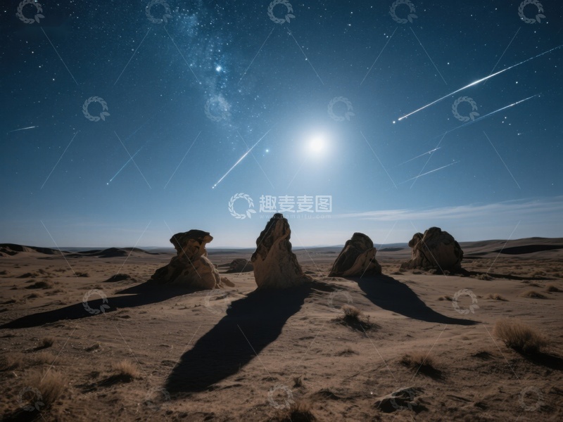 高清大图下载【趣麦麦图】沙漠夜景：星空与流星