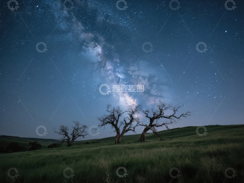 高清大图下载【趣麦麦图】银河下的枯树与草地