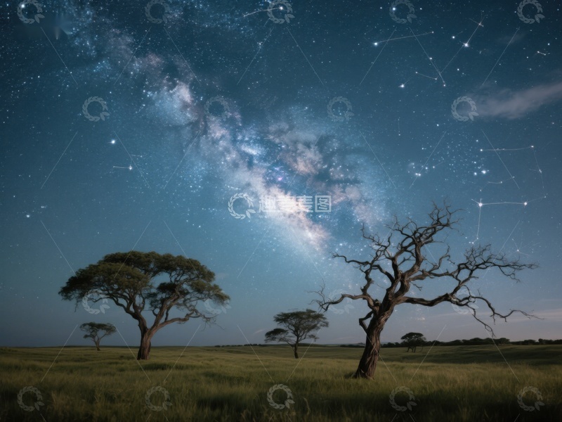 高清大图下载【趣麦麦图】星空下的草原与孤树