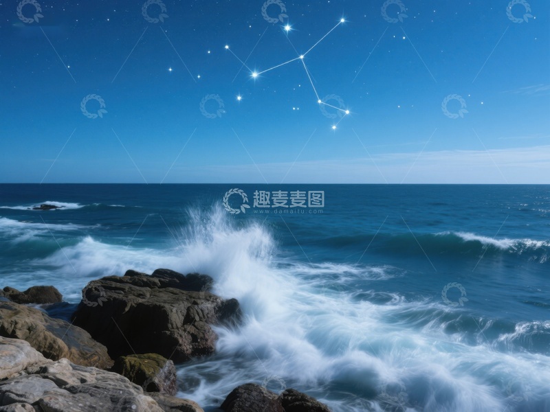 高清大图下载【趣麦麦图】星空下的海浪拍打岩石
