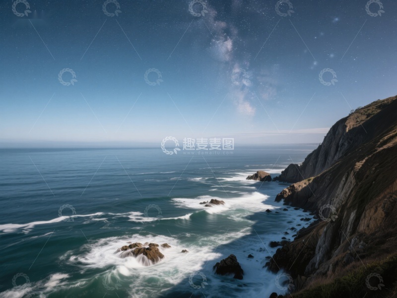 高清大图下载【趣麦麦图】海岸悬崖与星空下的海洋