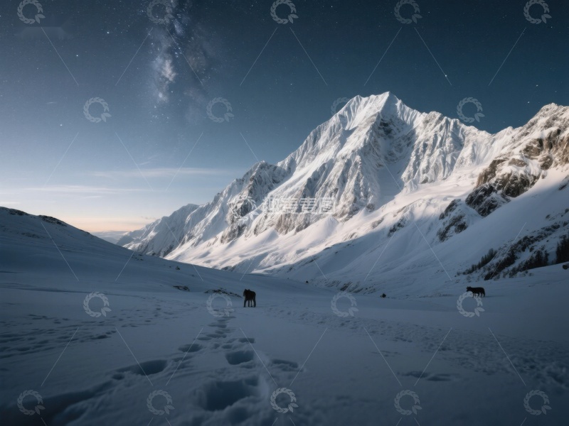高清大图下载【趣麦麦图】雪山夜景，银河下的足迹