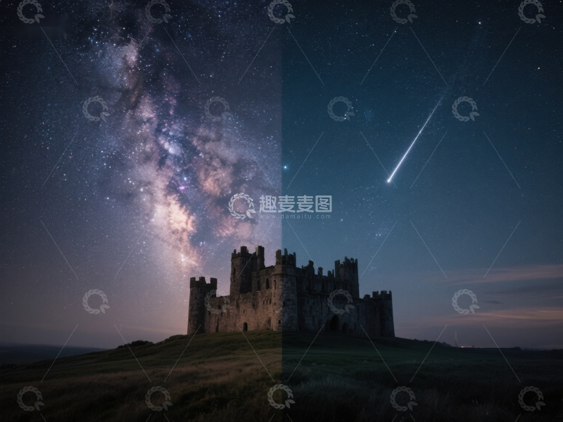 高清大图下载【趣麦麦图】夜空下的古堡与流星
