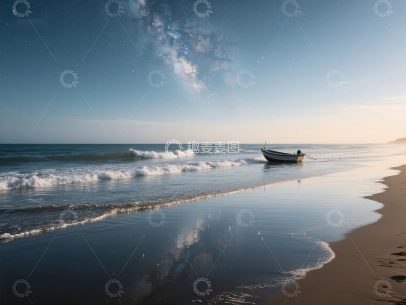 高清大图下载【趣麦麦图】星空下的海滩与小船