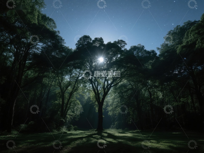 高清大图下载【趣麦麦图】月光穿透树林的静谧夜景