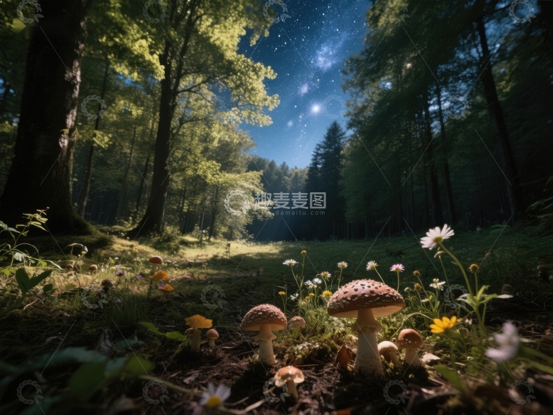 高清大图下载【趣麦麦图】森林夜景：蘑菇与星空