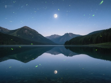 月夜湖畔萤火虫飞舞