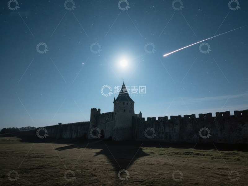 高清大图下载【趣麦麦图】月夜下的古老城堡与流星