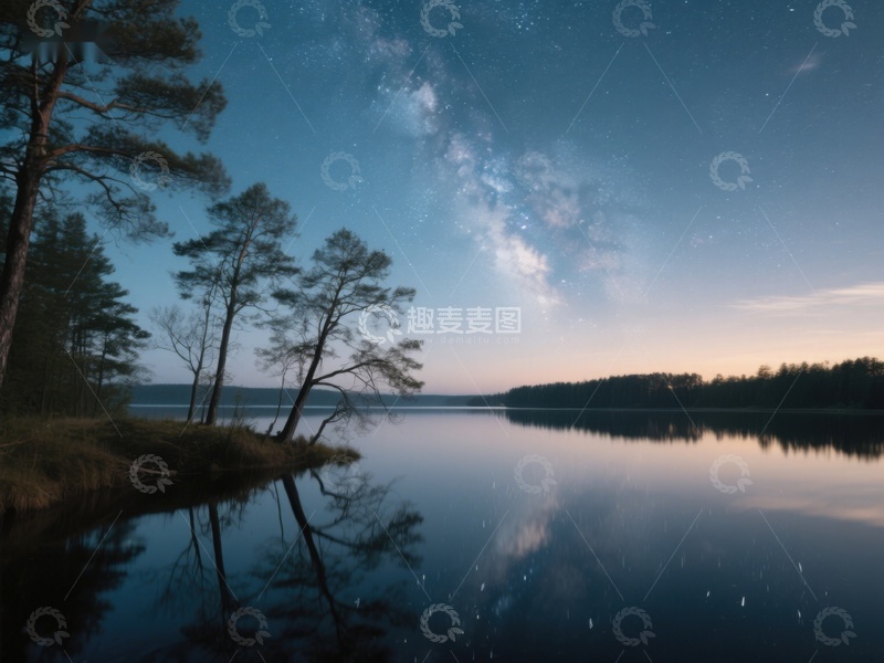 高清大图下载【趣麦麦图】夜空银河映照湖面静谧景色