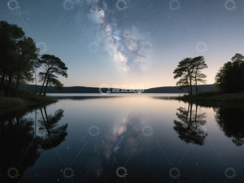 高清大图下载【趣麦麦图】夜空银河映湖面，静谧森林倒影美