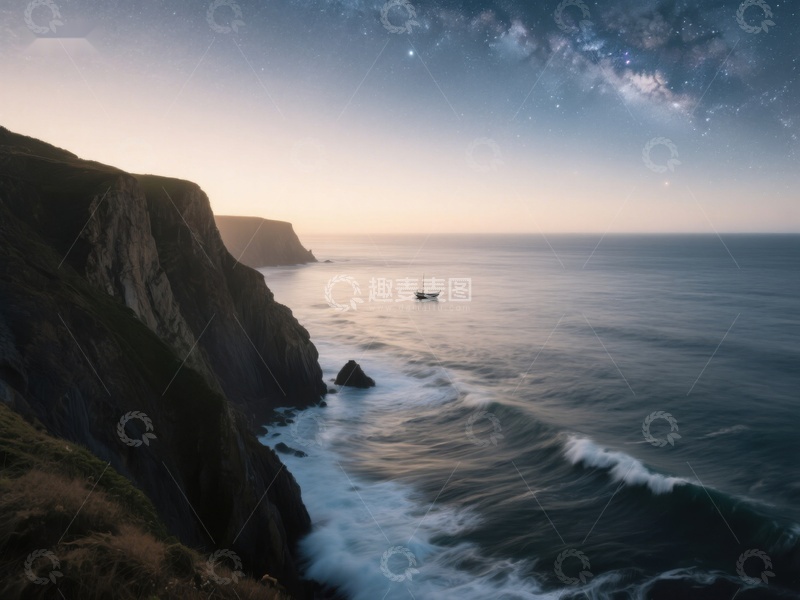 高清大图下载【趣麦麦图】夜幕下的海岸线与星空