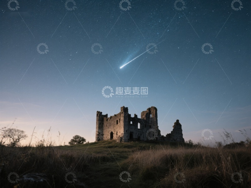 高清大图下载【趣麦麦图】夜空流星划过古堡遗迹