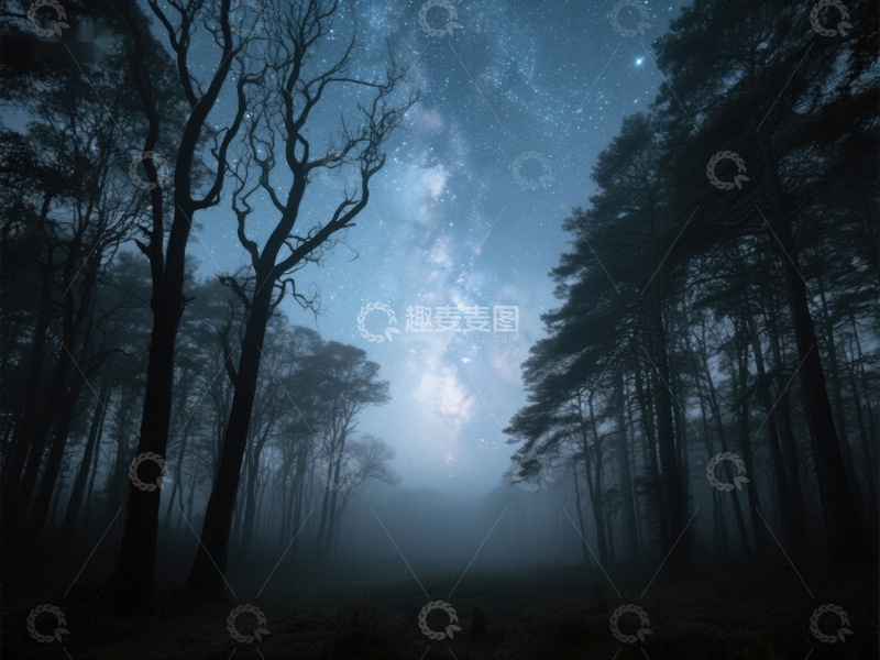 高清大图下载【趣麦麦图】夜空下的幽静森林
