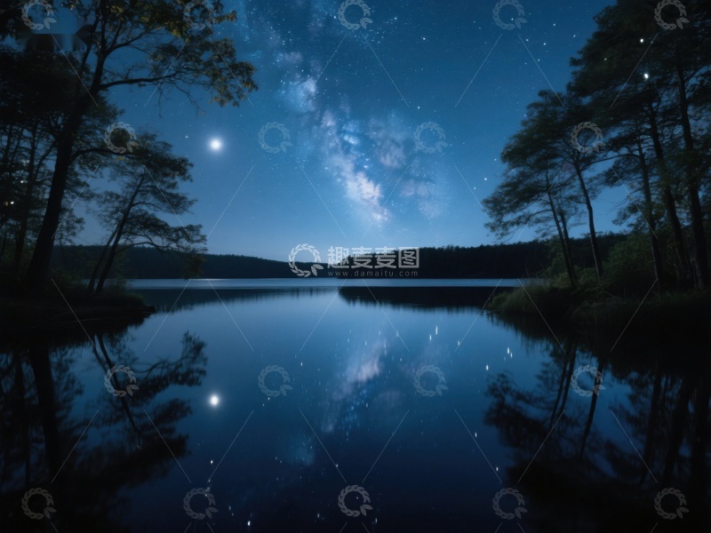高清大图下载【趣麦麦图】夜空银河映湖面
