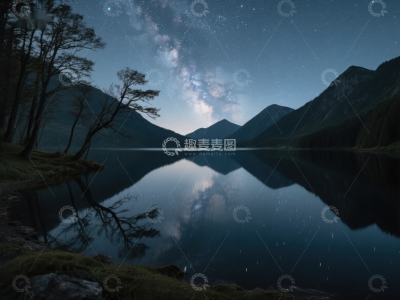 高清大图下载【趣麦麦图】夜空银河映湖面，山林静谧如梦