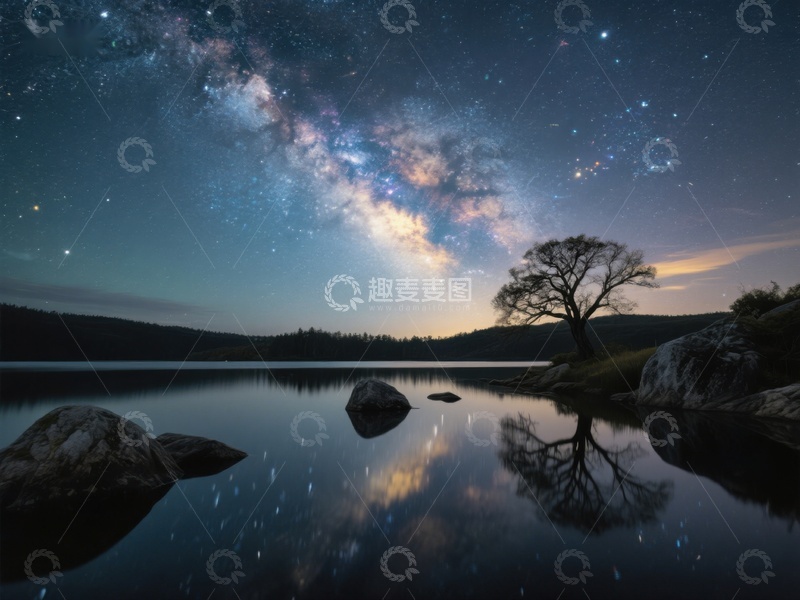 高清大图下载【趣麦麦图】银河映照湖面，孤树静谧夜景