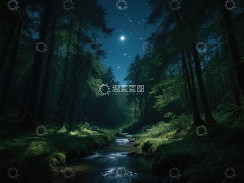 高清大图下载【趣麦麦图】夜幕森林溪流
