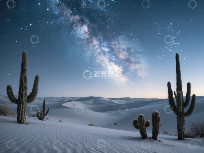 高清大图下载【趣麦麦图】沙漠夜景：仙人掌与银河