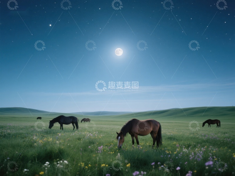 高清大图下载【趣麦麦图】月光下的草原与马群