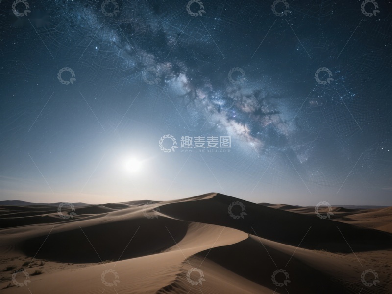 高清大图下载【趣麦麦图】沙漠夜景：银河与明月