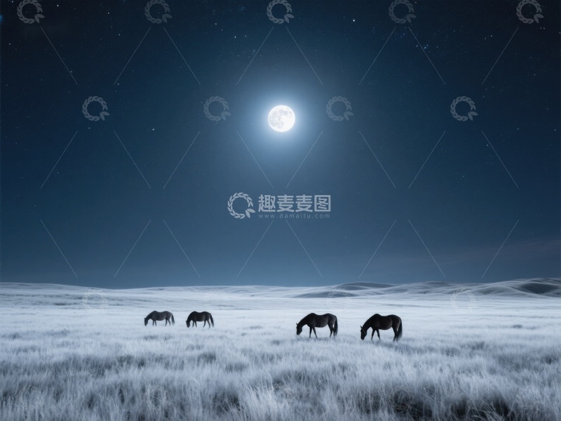 高清大图下载【趣麦麦图】月光下的草原骏马