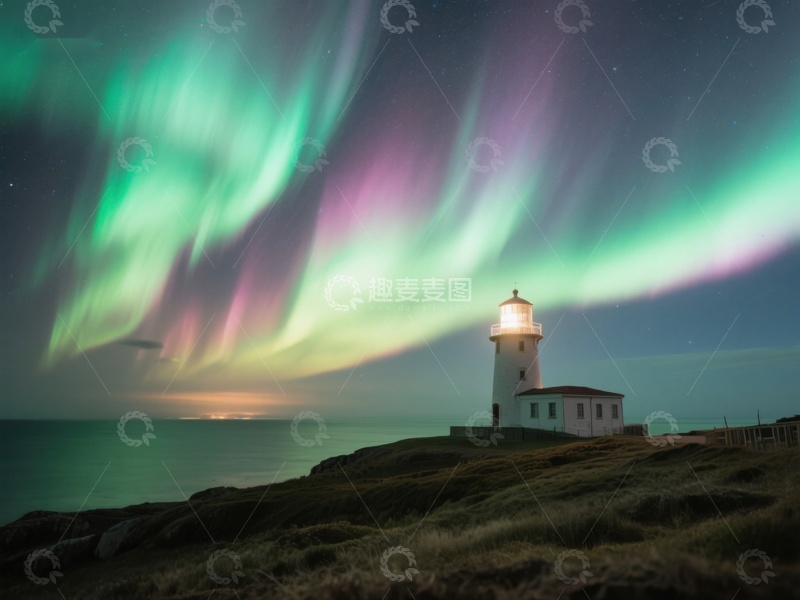 高清大图下载【趣麦麦图】极光下的灯塔夜景