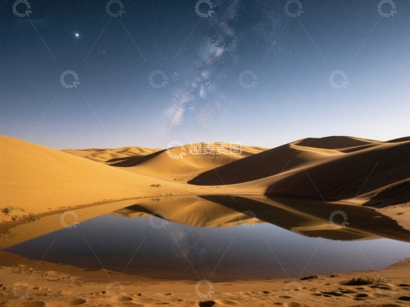 高清大图下载【趣麦麦图】沙漠夜景：沙丘与星空倒影