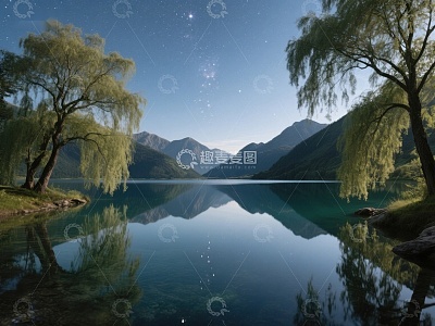 宁静湖畔夜景，星光与树影相映