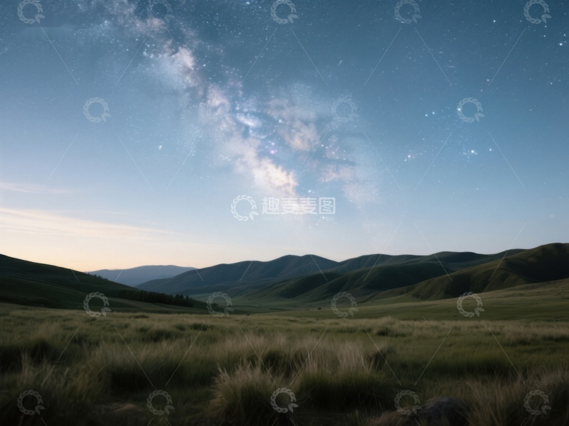 高清大图下载【趣麦麦图】星空下的草原与远山