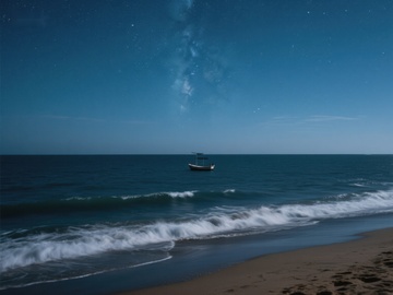 夜空下的孤舟与海浪