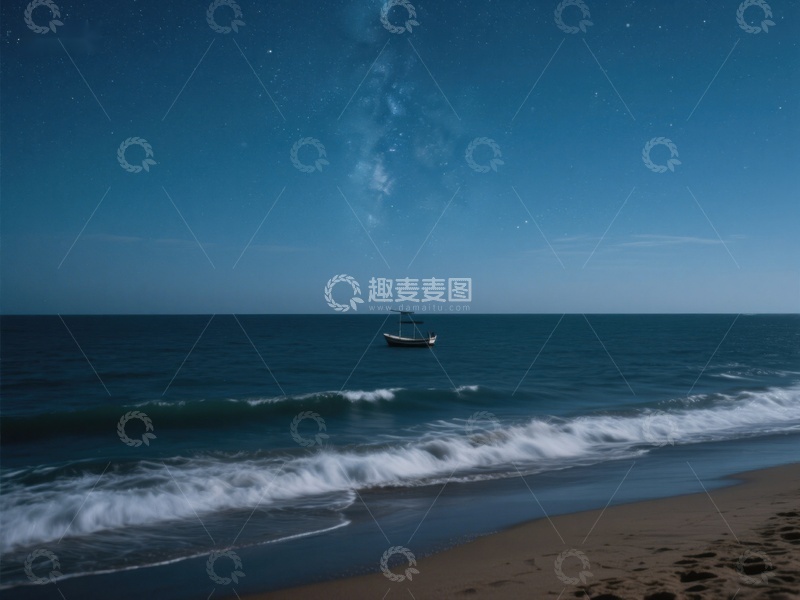 高清大图下载【趣麦麦图】夜空下的孤舟与海浪
