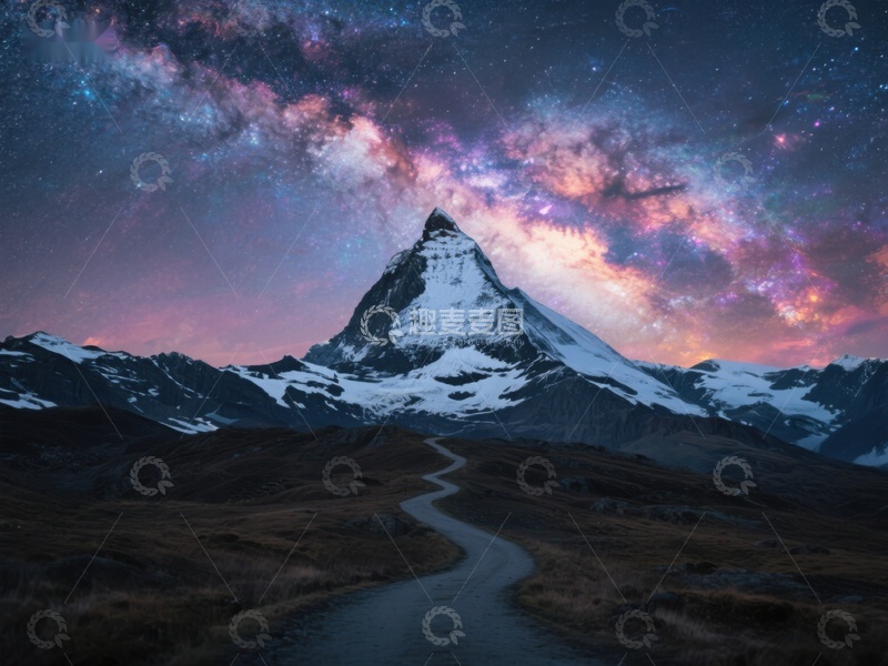 高清大图下载【趣麦麦图】星空下的雪山与蜿蜒小径