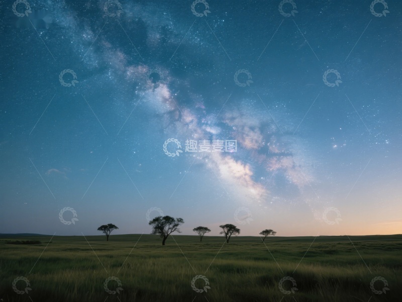 高清大图下载【趣麦麦图】夜空银河下的草原风光