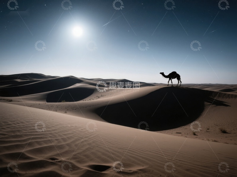 高清大图下载【趣麦麦图】月光下的沙漠骆驼剪影