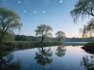 湖畔夜景，星光与树影相映