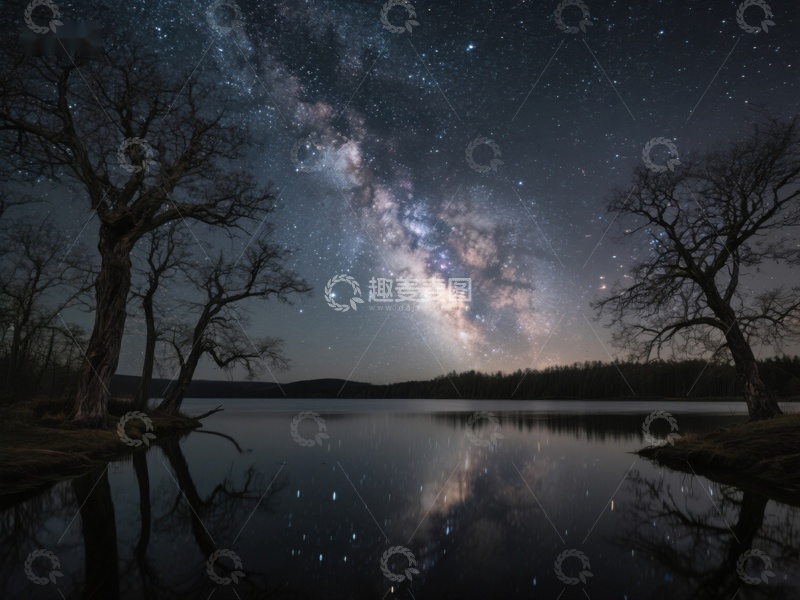 高清大图下载【趣麦麦图】银河映照湖面，夜空下的静谧景象