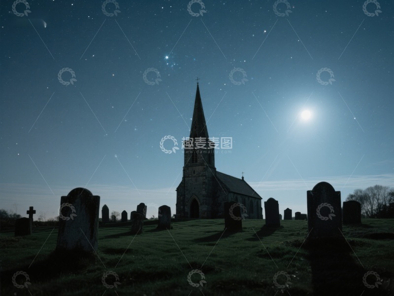 高清大图下载【趣麦麦图】月光下的古老教堂与墓地