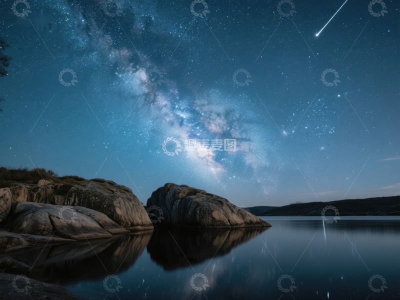 高清大图下载【趣麦麦图】银河映照湖面，流星划过夜空