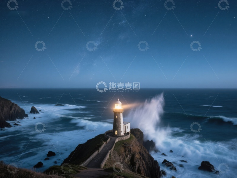 高清大图下载【趣麦麦图】夜幕下的灯塔与海浪