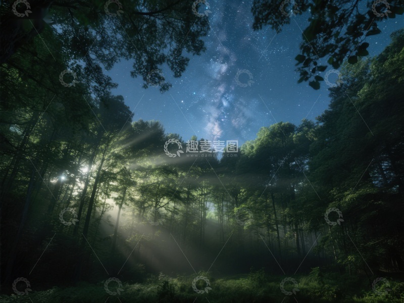 高清大图下载【趣麦麦图】夜空下的森林，星光与树影交织