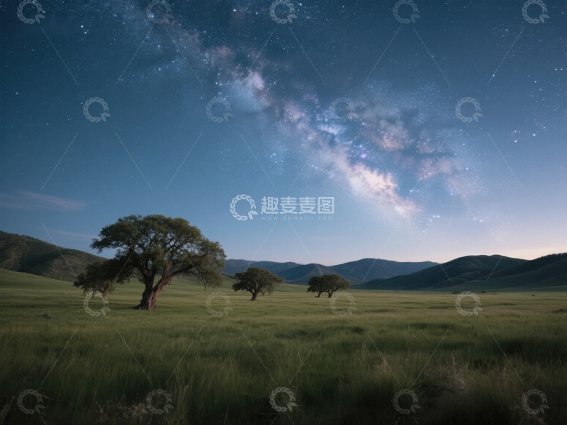 高清大图下载【趣麦麦图】夜空下的草原与银河