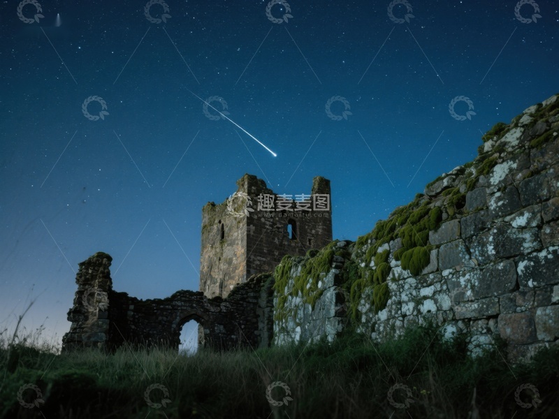 高清大图下载【趣麦麦图】夜空流星划过古堡遗迹