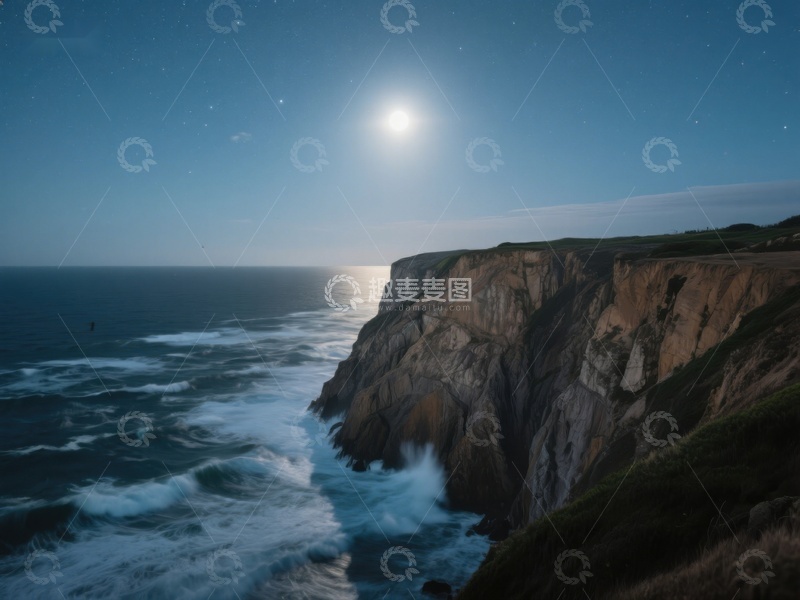 高清大图下载【趣麦麦图】月光下的悬崖与海浪