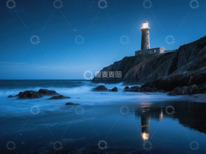 高清大图下载【趣麦麦图】夜幕下的灯塔与海景
