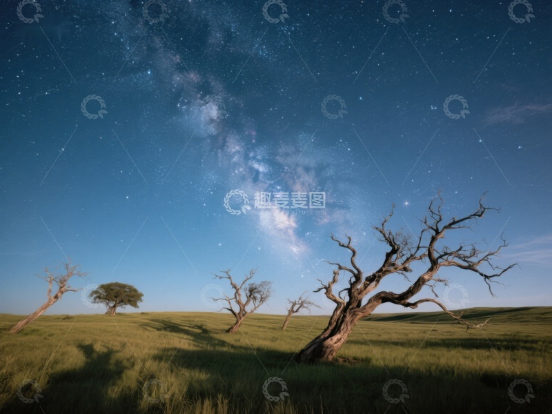 高清大图下载【趣麦麦图】星空下的枯树与草原