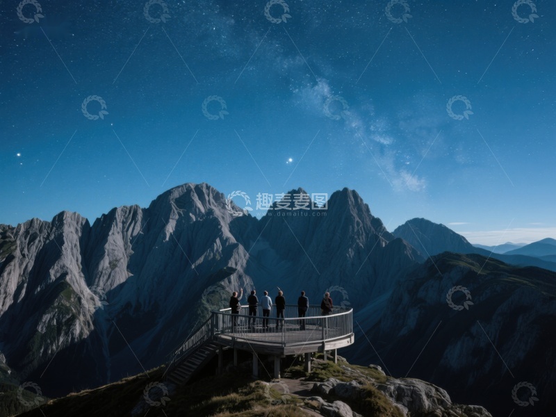 高清大图下载【趣麦麦图】夜空下山巅观景台上的游客